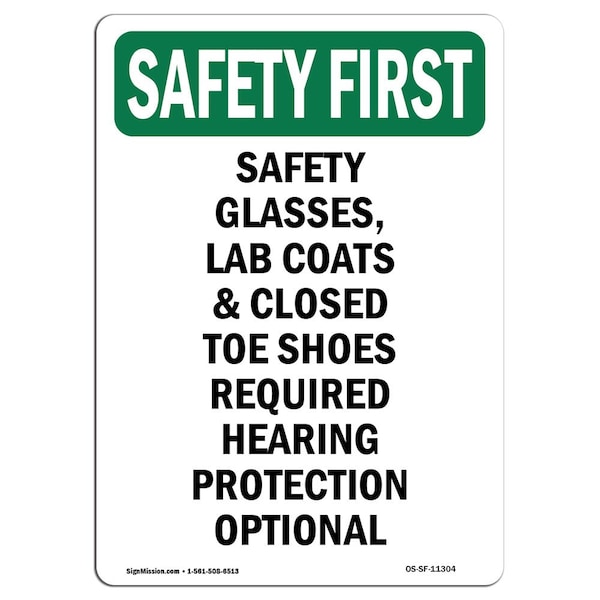 OSHA Sign, Glasses Lab Coats And Closed, 18in X 12in Aluminum, 12" W, 18" H, Portrait